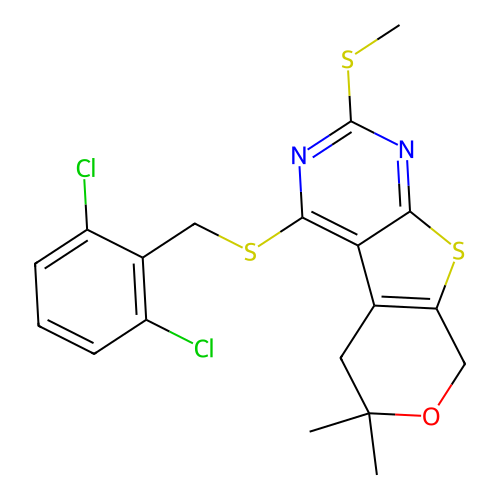 4-((2,6-dichlorobenzyl)thio)-6,6-dimethyl-2-(methylthio)-6,8-dihydro-5H-pyrano[4',3':4,5]thieno[2,3-d]pyrimidine structure