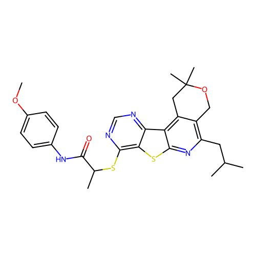 2-((5-isobutyl-2,2-dimethyl-2,4-dihydro-1H-pyrano[4'',3'':4',5']pyrido[3',2':4,5]thieno[3,2-d]pyrimidin-8-yl)thio)-N-(4-methoxyphenyl)propanamide structure