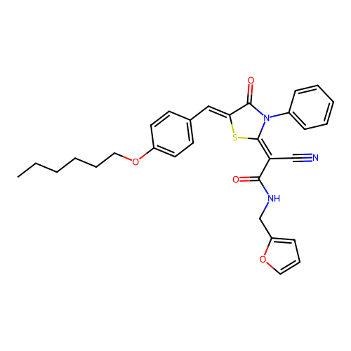 (Z)-2-cyano-N-(furan-2-ylmethyl)-2-((Z)-5-(4-(hexyloxy)benzylidene)-4-oxo-3-phenylthiazolidin-2-ylidene)acetamide structure