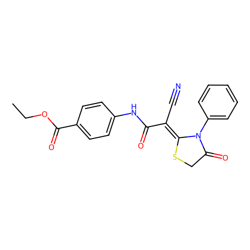 (Z)-ethyl 4-(2-cyano-2-(4-oxo-3-phenylthiazolidin-2-ylidene)acetamido)benzoate structure