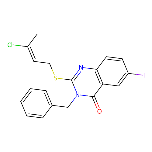 (E)-3-benzyl-2-((3-chlorobut-2-en-1-yl)thio)-6-iodoquinazolin-4(3H)-one structure