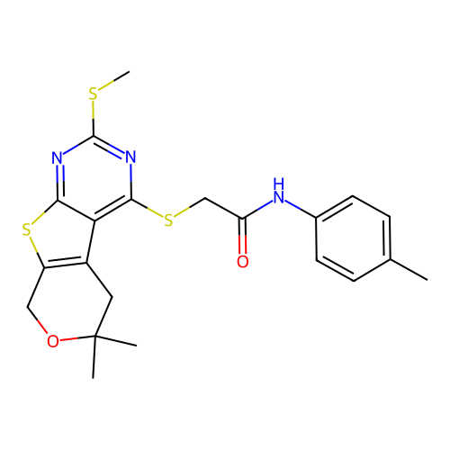 2-{[6,6-dimethyl-2-(methylsulfanyl)-5,8-dihydro-6H-pyrano[4',3':4,5]thieno[2,3-d]pyrimidin-4-yl]sulfanyl}-N-(4-methylphenyl)acetamide structure
