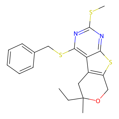 4-(benzylsulfanyl)-6-ethyl-6-methyl-2-(methylsulfanyl)-5,8-dihydro-6H-pyrano[4',3':4,5]thieno[2,3-d]pyrimidine structure