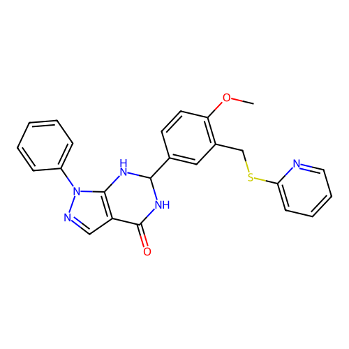 6-(4-methoxy-3-((pyridin-2-ylthio)methyl)phenyl)-1-phenyl-6,7-dihydro-1H-pyrazolo[3,4-d]pyrimidin-4(5H)-one structure