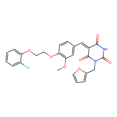 (5Z)-5-[[4-[2-(2-chlorophenoxy)ethoxy]-3-methoxyphenyl]methylidene]-1-(furan-2-ylmethyl)-1,3-diazinane-2,4,6-trione structure