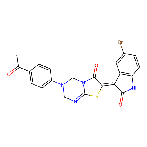 (7Z)-3-(4-acetylphenyl)-7-(5-bromo-2-oxo-1,2-dihydro-3H-indol-3-ylidene)-3,4-dihydro-2H-[1,3]thiazolo[3,2-a][1,3,5]triazin-6(7H)-one structure