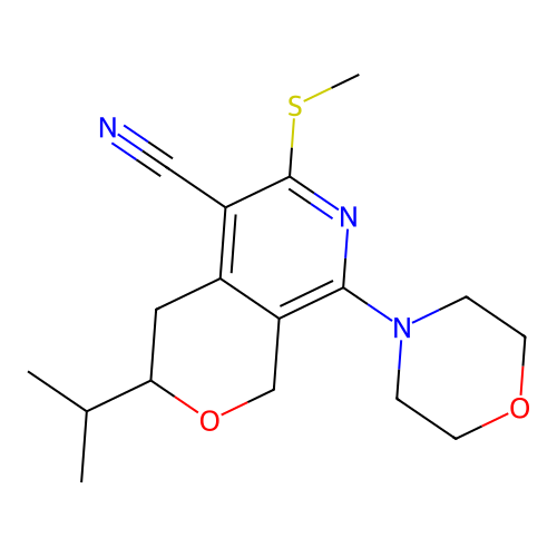 3-isopropyl-6-(methylthio)-8-morpholino-3,4-dihydro-1H-pyrano[3,4-c]pyridine-5-carbonitrile structure