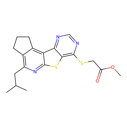 methyl {[4-(2-methylpropyl)-2,3-dihydro-1H-cyclopenta[4',5']pyrido[3',2':4,5]thieno[3,2-d]pyrimidin-7-yl]sulfanyl}acetate structure