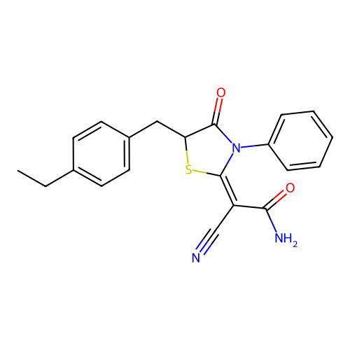 (E)-2-cyano-2-(5-(4-ethylbenzyl)-4-oxo-3-phenylthiazolidin-2-ylidene)acetamide structure