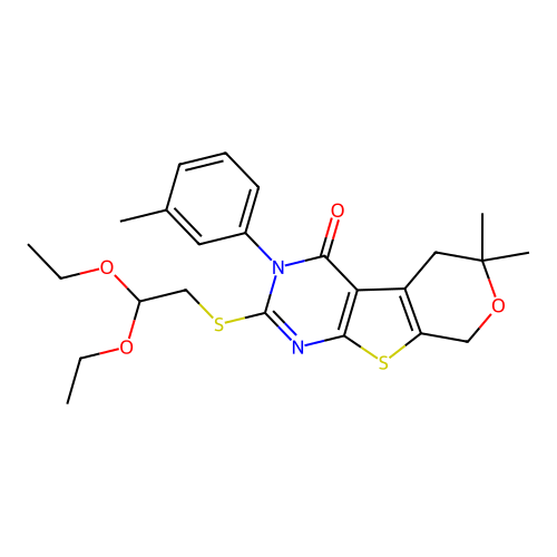 2-((2,2-diethoxyethyl)thio)-6,6-dimethyl-3-(m-tolyl)-5,6-dihydro-3H-pyrano[4',3':4,5]thieno[2,3-d]pyrimidin-4(8H)-one structure