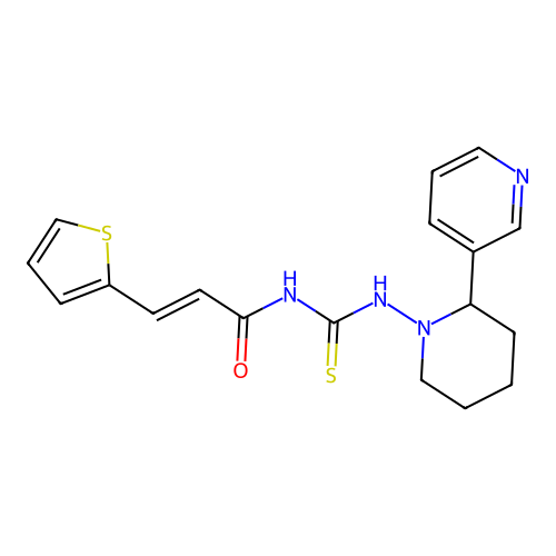 (2E)-N-{[2-(pyridin-3-yl)piperidin-1-yl]carbamothioyl}-3-(thiophen-2-yl)prop-2-enamide structure