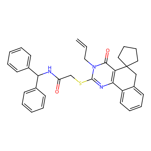 2-((3-allyl-4-oxo-4,6-dihydro-3H-spiro[benzo[h]quinazoline-5,1'-cyclopentan]-2-yl)thio)-N-benzhydrylacetamide structure