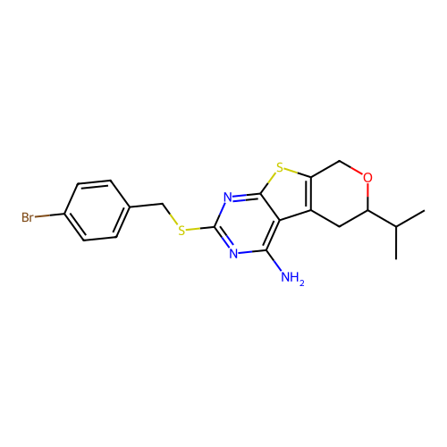 2-[(4-bromobenzyl)sulfanyl]-6-(propan-2-yl)-5,8-dihydro-6H-pyrano[4',3':4,5]thieno[2,3-d]pyrimidin-4-amine structure