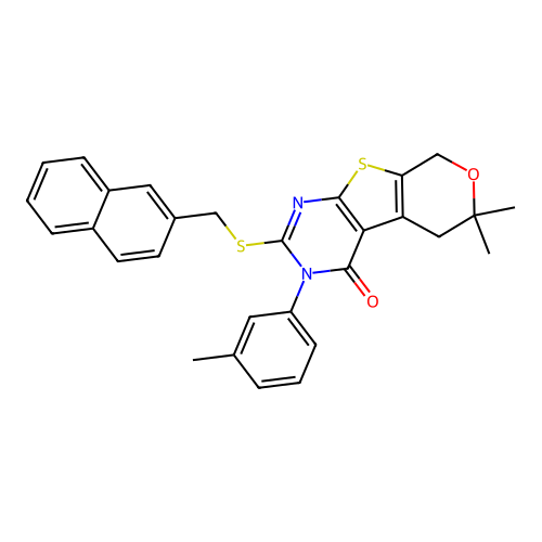 6,6-dimethyl-2-((naphthalen-2-ylmethyl)thio)-3-(m-tolyl)-5,6-dihydro-3H-pyrano[4',3':4,5]thieno[2,3-d]pyrimidin-4(8H)-one structure
