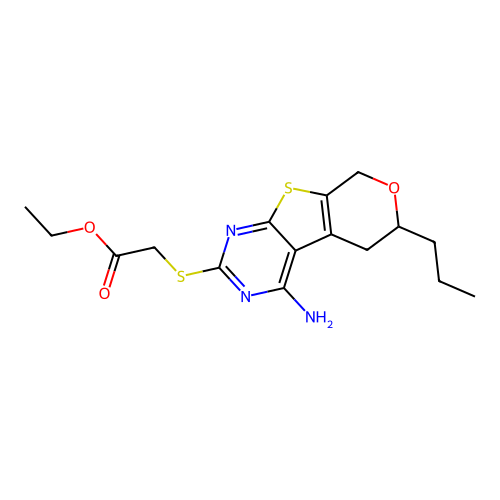 ethyl [(4-amino-6-propyl-5,8-dihydro-6H-pyrano[4',3':4,5]thieno[2,3-d]pyrimidin-2-yl)sulfanyl]acetate structure