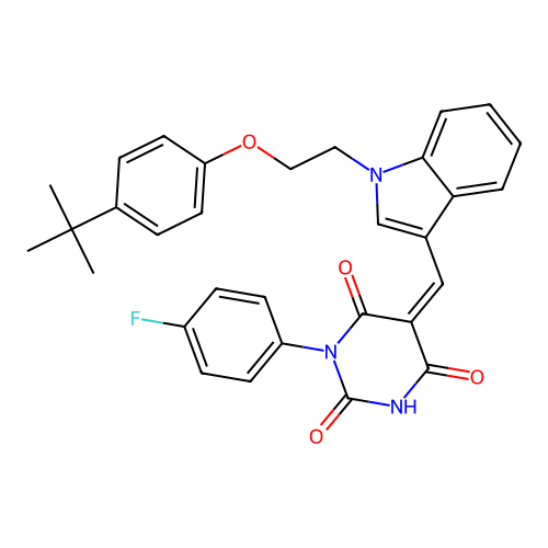 (5Z)-5-({1-[2-(4-tert-butylphenoxy)ethyl]-1H-indol-3-yl}methylidene)-1-(4-fluorophenyl)pyrimidine-2,4,6(1H,3H,5H)-trione structure