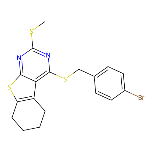 4-((4-bromobenzyl)thio)-2-(methylthio)-5,6,7,8-tetrahydrobenzo[4,5]thieno[2,3-d]pyrimidine structure