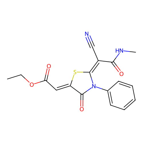 (Z)-ethyl 2-((E)-2-(1-cyano-2-(methylamino)-2-oxoethylidene)-4-oxo-3-phenylthiazolidin-5-ylidene)acetate structure