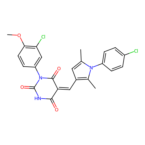 (5Z)-1-(3-chloro-4-methoxyphenyl)-5-[[1-(4-chlorophenyl)-2,5-dimethylpyrrol-3-yl]methylidene]-1,3-diazinane-2,4,6-trione structure