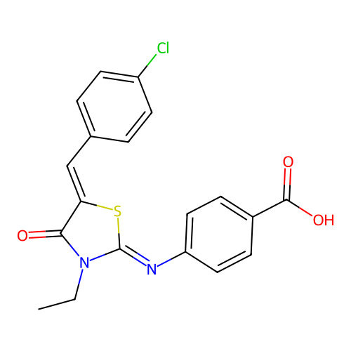 4-((E)-((Z)-5-(4-chlorobenzylidene)-3-ethyl-4-oxothiazolidin-2-ylidene)amino)benzoic acid structure
