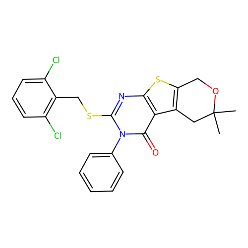 2-((2,6-dichlorobenzyl)thio)-6,6-dimethyl-3-phenyl-5,6-dihydro-3H-pyrano[4',3':4,5]thieno[2,3-d]pyrimidin-4(8H)-one structure