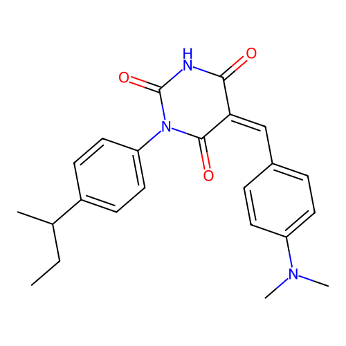 (Z)-1-(4-(sec-butyl)phenyl)-5-(4-(dimethylamino)benzylidene)pyrimidine-2,4,6(1H,3H,5H)-trione structure