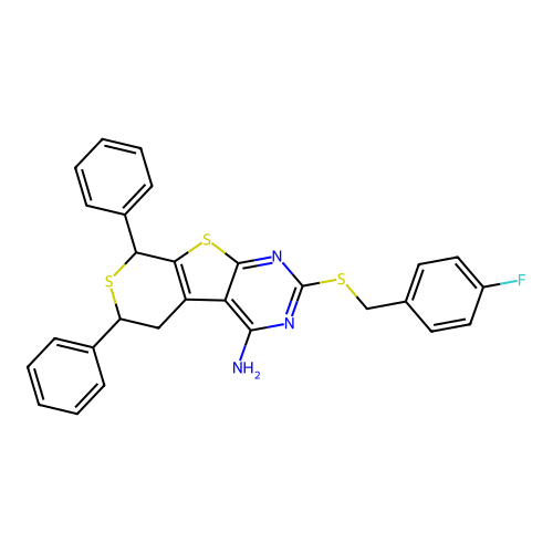 2-((4-fluorobenzyl)thio)-6,8-diphenyl-6,8-dihydro-5H-thiopyrano[4',3':4,5]thieno[2,3-d]pyrimidin-4-amine structure