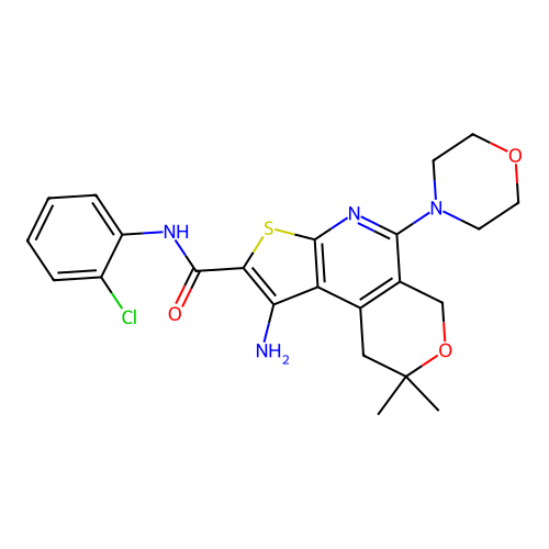 1-amino-N-(2-chlorophenyl)-8,8-dimethyl-5-morpholino-8,9-dihydro-6H-pyrano[4,3-d]thieno[2,3-b]pyridine-2-carboxamide structure