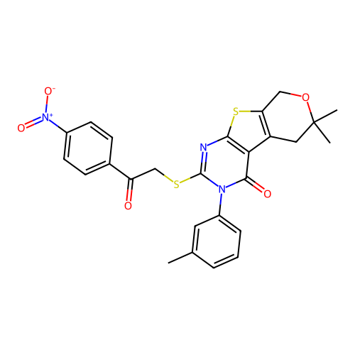 6,6-dimethyl-2-((2-(4-nitrophenyl)-2-oxoethyl)thio)-3-(m-tolyl)-5,6-dihydro-3H-pyrano[4',3':4,5]thieno[2,3-d]pyrimidin-4(8H)-one structure
