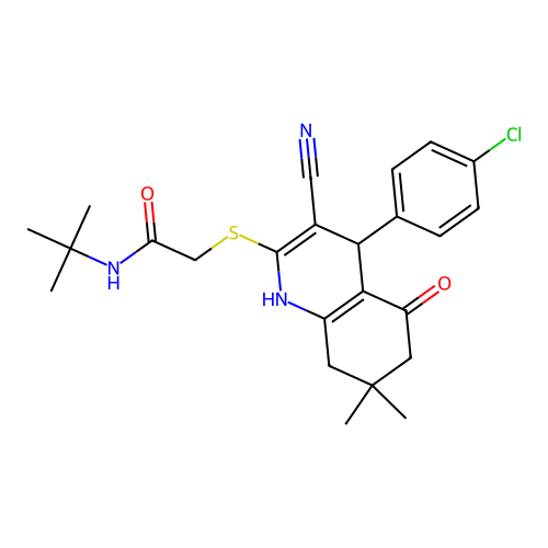 N-(tert-butyl)-2-((4-(4-chlorophenyl)-3-cyano-7,7-dimethyl-5-oxo-1,4,5,6,7,8-hexahydroquinolin-2-yl)thio)acetamide structure