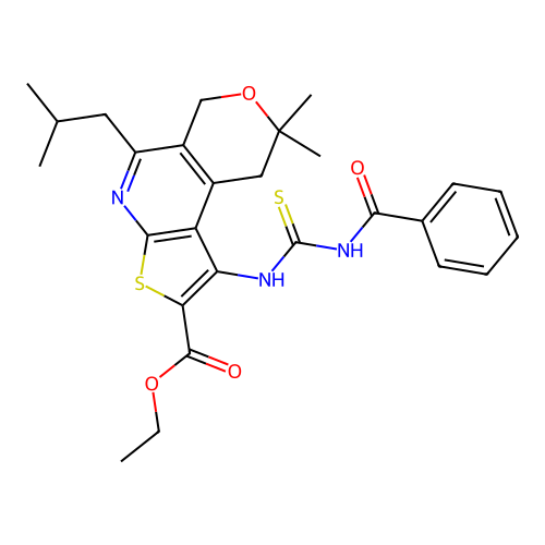 ethyl 1-(3-benzoylthioureido)-5-isobutyl-8,8-dimethyl-8,9-dihydro-6H-pyrano[4,3-d]thieno[2,3-b]pyridine-2-carboxylate structure