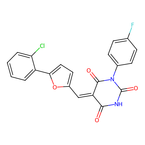 (5Z)-5-[[5-(2-chlorophenyl)furan-2-yl]methylidene]-1-(4-fluorophenyl)-1,3-diazinane-2,4,6-trione structure