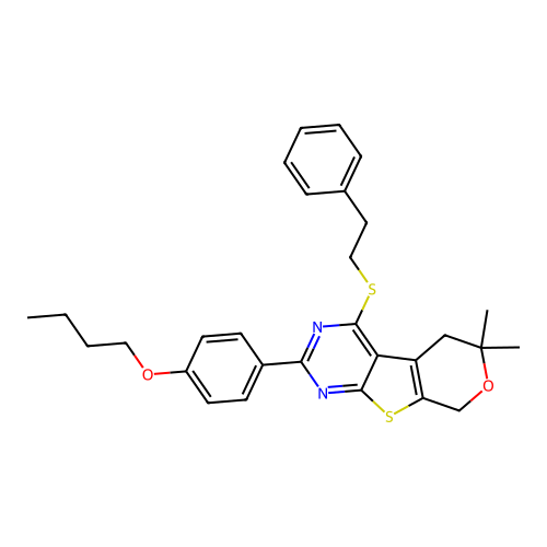 2-(4-butoxyphenyl)-6,6-dimethyl-4-(phenethylthio)-6,8-dihydro-5H-pyrano[4',3':4,5]thieno[2,3-d]pyrimidine structure