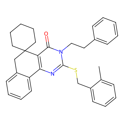2-((2-methylbenzyl)thio)-3-phenethyl-3H-spiro[benzo[h]quinazoline-5,1'-cyclohexan]-4(6H)-one structure