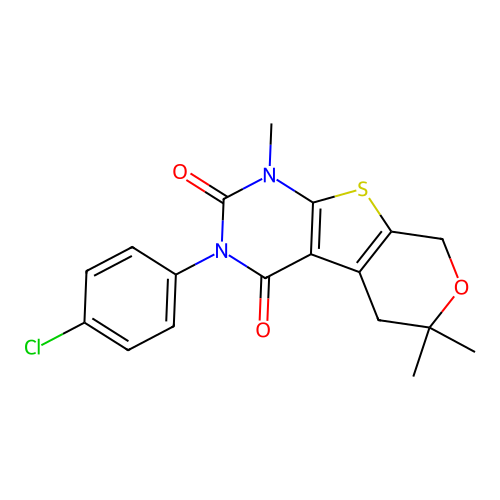 3-(4-chlorophenyl)-1,6,6-trimethyl-1,5,6,8-tetrahydro-2H-pyrano[4',3':4,5]thieno[2,3-d]pyrimidine-2,4(3H)-dione structure