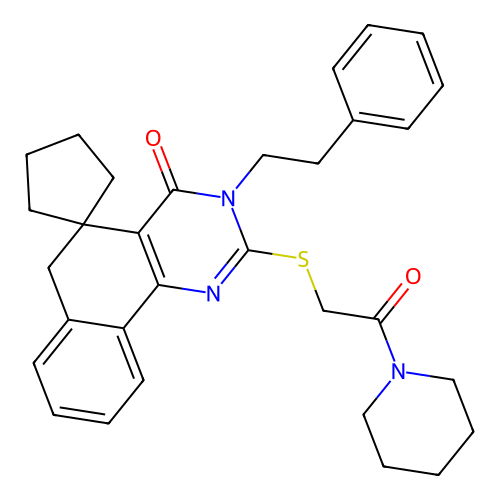 2-((2-oxo-2-(piperidin-1-yl)ethyl)thio)-3-phenethyl-3H-spiro[benzo[h]quinazoline-5,1'-cyclopentan]-4(6H)-one structure