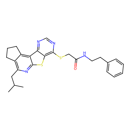 2-((4-isobutyl-2,3-dihydro-1H-cyclopenta[4',5']pyrido[3',2':4,5]thieno[3,2-d]pyrimidin-7-yl)thio)-N-phenethylacetamide structure