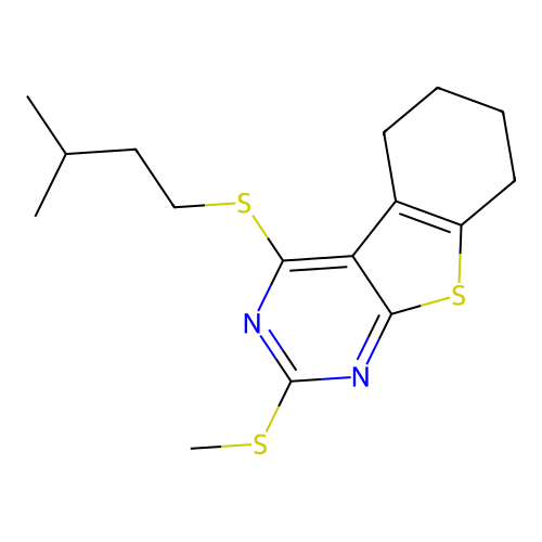 4-(isopentylthio)-2-(methylthio)-5,6,7,8-tetrahydrobenzo[4,5]thieno[2,3-d]pyrimidine structure