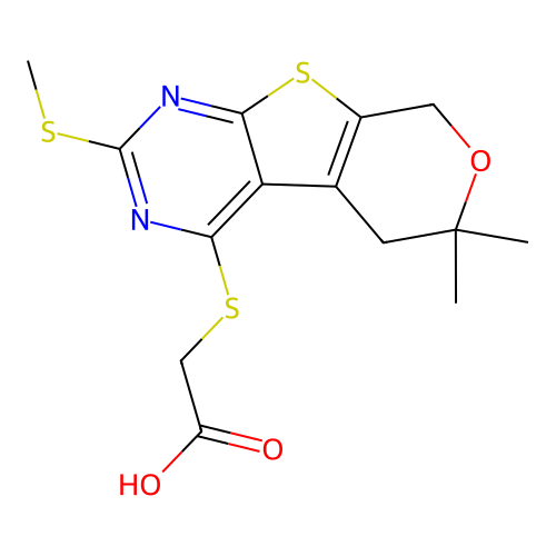 (6,6-Dimethyl-2-methylsulfanyl-5,8-dihydro-6H-pyrano[4',3':4,5]thieno[2,3-d]pyrimidin-4-ylsulfanyl)-aceti c acid structure