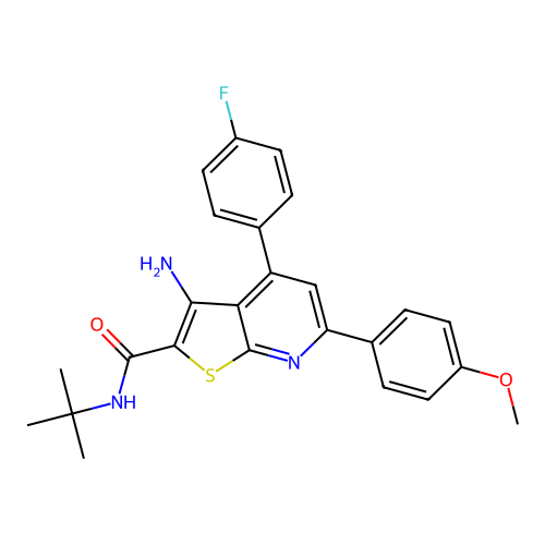 3-amino-N-tert-butyl-4-(4-fluorophenyl)-6-(4-methoxyphenyl)thieno[2,3-b]pyridine-2-carboxamide structure