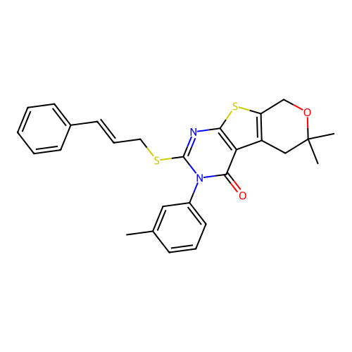 2-(cinnamylthio)-6,6-dimethyl-3-(m-tolyl)-5,6-dihydro-3H-pyrano[4',3':4,5]thieno[2,3-d]pyrimidin-4(8H)-one structure