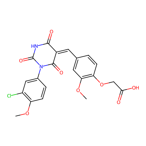 (4-{(Z)-[1-(3-chloro-4-methoxyphenyl)-2,4,6-trioxotetrahydropyrimidin-5(2H)-ylidene]methyl}-2-methoxyphenoxy)acetic acid structure