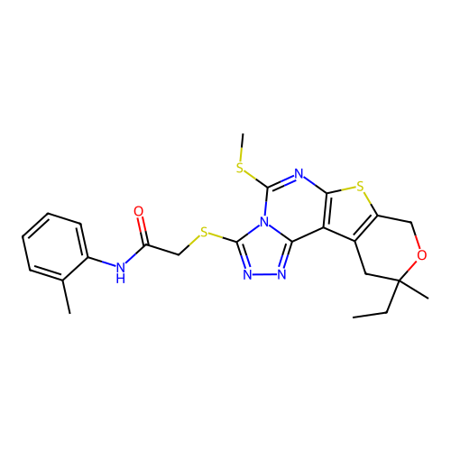 2-((10-ethyl-10-methyl-5-(methylthio)-10,11-dihydro-8H-pyrano[4',3':4,5]thieno[3,2-e][1,2,4]triazolo[4,3-c]pyrimidin-3-yl)thio)-N-(o-tolyl)acetamide structure