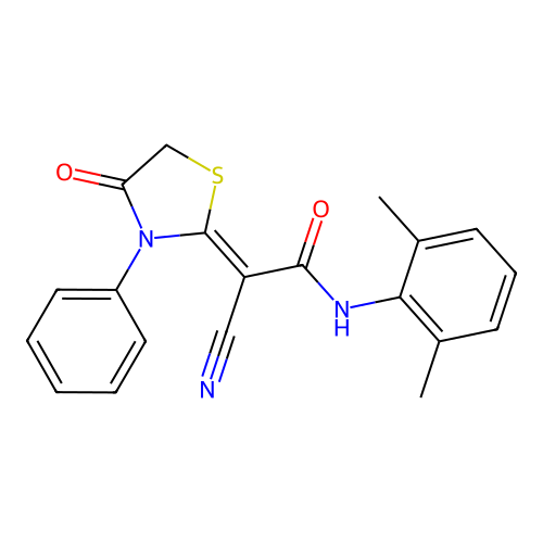 (2Z)-2-cyano-N-(2,6-dimethylphenyl)-2-(4-oxo-3-phenyl-1,3-thiazolidin-2-ylidene)ethanamide structure