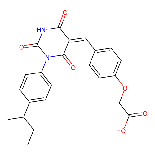 (Z)-2-(4-((1-(4-(sec-butyl)phenyl)-2,4,6-trioxotetrahydropyrimidin-5(2H)-ylidene)methyl)phenoxy)acetic acid structure