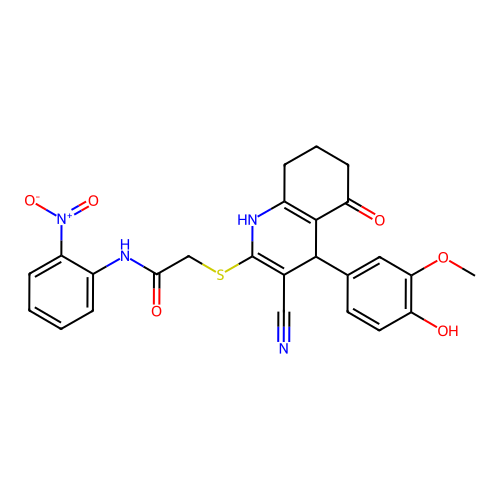 2-((3-cyano-4-(4-hydroxy-3-methoxyphenyl)-5-oxo-1,4,5,6,7,8-hexahydroquinolin-2-yl)thio)-N-(2-nitrophenyl)acetamide structure