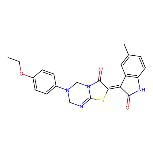 (7Z)-3-(4-ethoxyphenyl)-7-(5-methyl-2-oxo-1,2-dihydro-3H-indol-3-ylidene)-3,4-dihydro-2H-[1,3]thiazolo[3,2-a][1,3,5]triazin-6(7H)-one structure