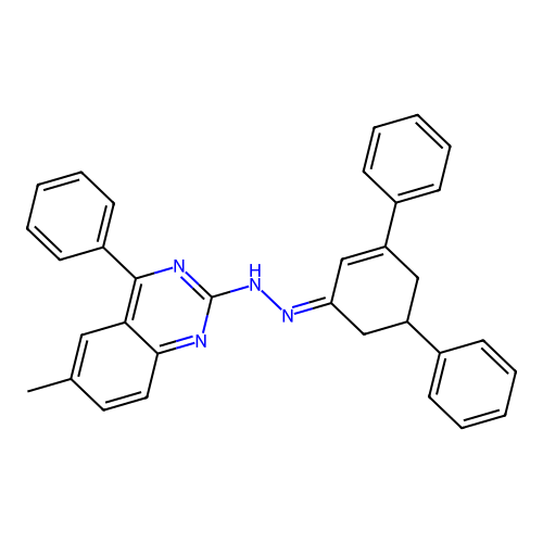 2-[(2Z)-2-(3,5-diphenylcyclohex-2-en-1-ylidene)hydrazinyl]-6-methyl-4-phenylquinazoline structure