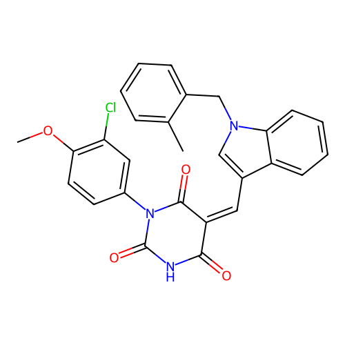 (Z)-1-(3-chloro-4-methoxyphenyl)-5-((1-(2-methylbenzyl)-1H-indol-3-yl)methylene)pyrimidine-2,4,6(1H,3H,5H)-trione structure