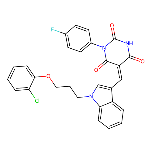 (5Z)-5-({1-[3-(2-chlorophenoxy)propyl]-1H-indol-3-yl}methylidene)-1-(4-fluorophenyl)pyrimidine-2,4,6(1H,3H,5H)-trione structure